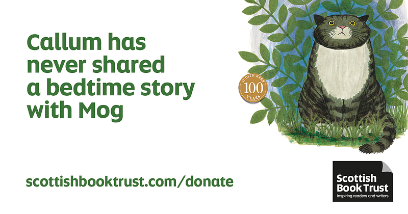 Mog the cat surrounded by leaves with text that says 'Callum has never shared a bedtime story with Mog'
